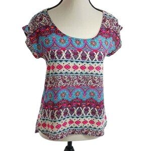 Hippie Rose Womens Size XS Multicolor Short Sleeve Scoop Neck Boho Print Top